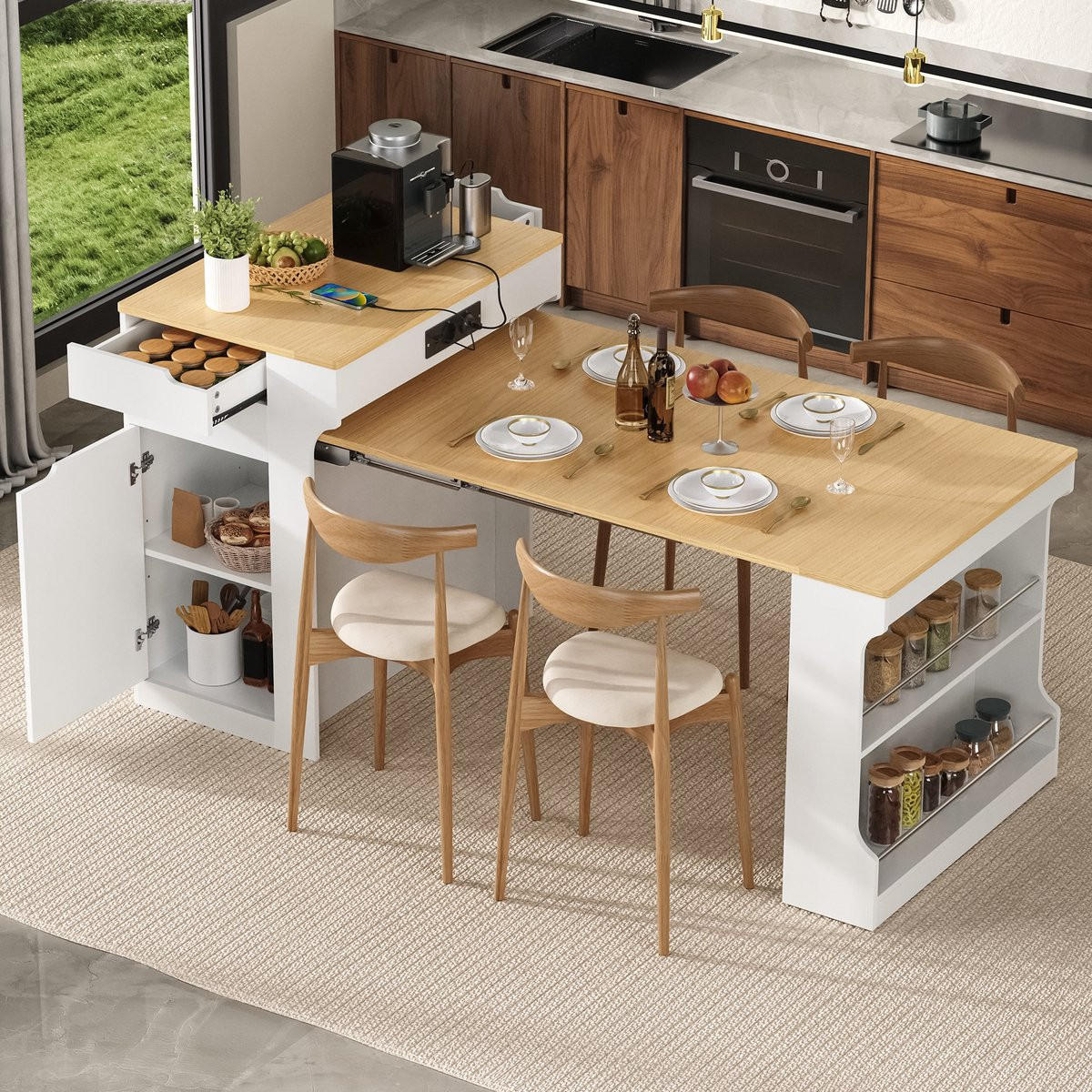 Multifunctioneel wit keukeneiland met uitschuifbare eettafel, wielen, stopcontacten en twee laden