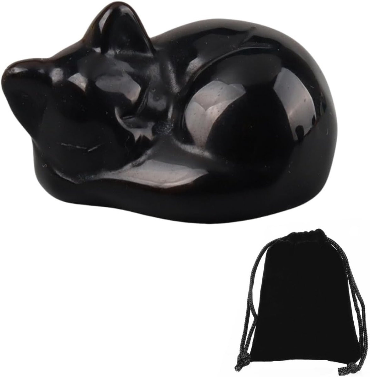 Schattig slapend kattenbeeldje van natuurlijke zwarte obsidiaan