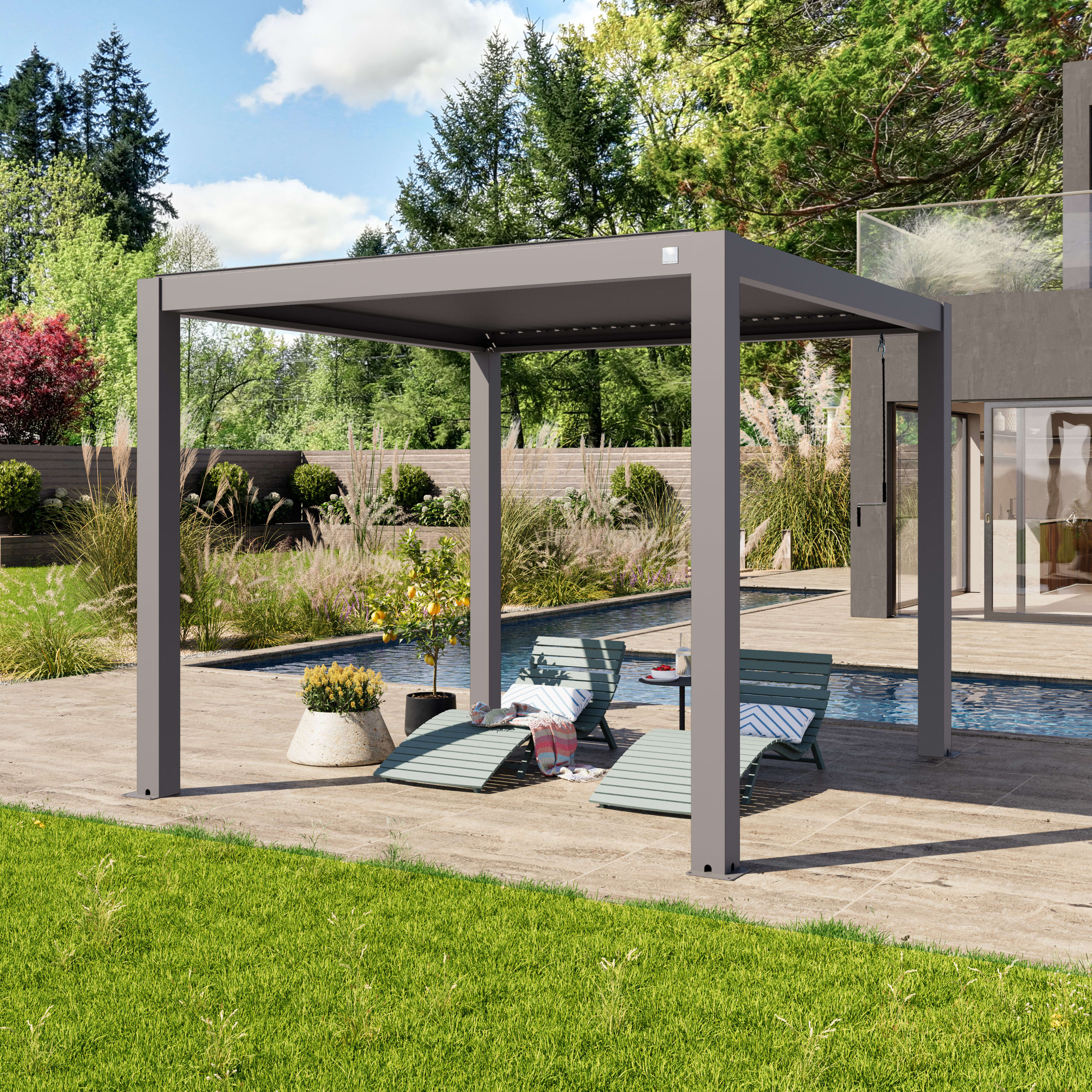 PRIMEYARD 3x3m Pergola in Perlgrau; mit Lamellendach in Perlgrau - (400113)