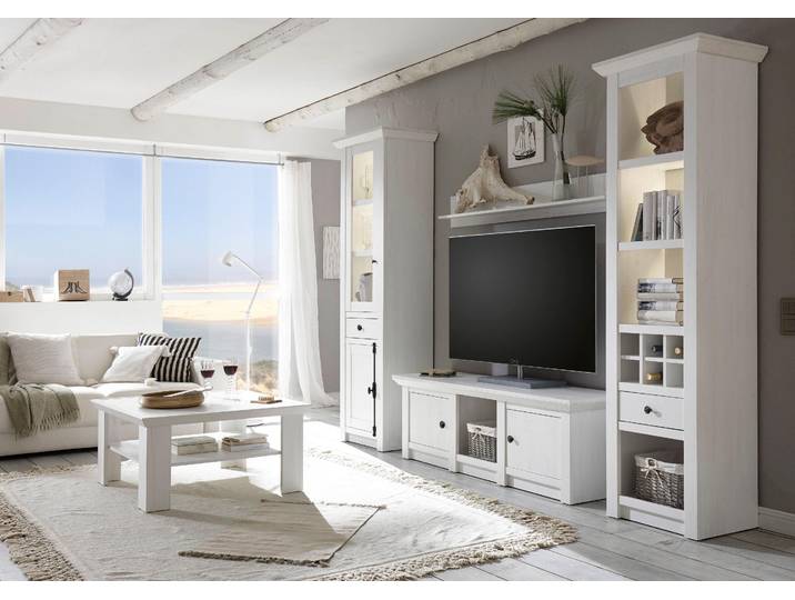 Wohnwand HOME AFFAIRE California, Anbauwand im Landhausstil, Komplettset mit Metallgriffen , weiss (weiß), B:293cm, Holzwerkstoff, Kastenmöbel-Sets, Wohnwand, enthält Standregal, Vitrine, Lowboard und Wandregal, 293 cm breit