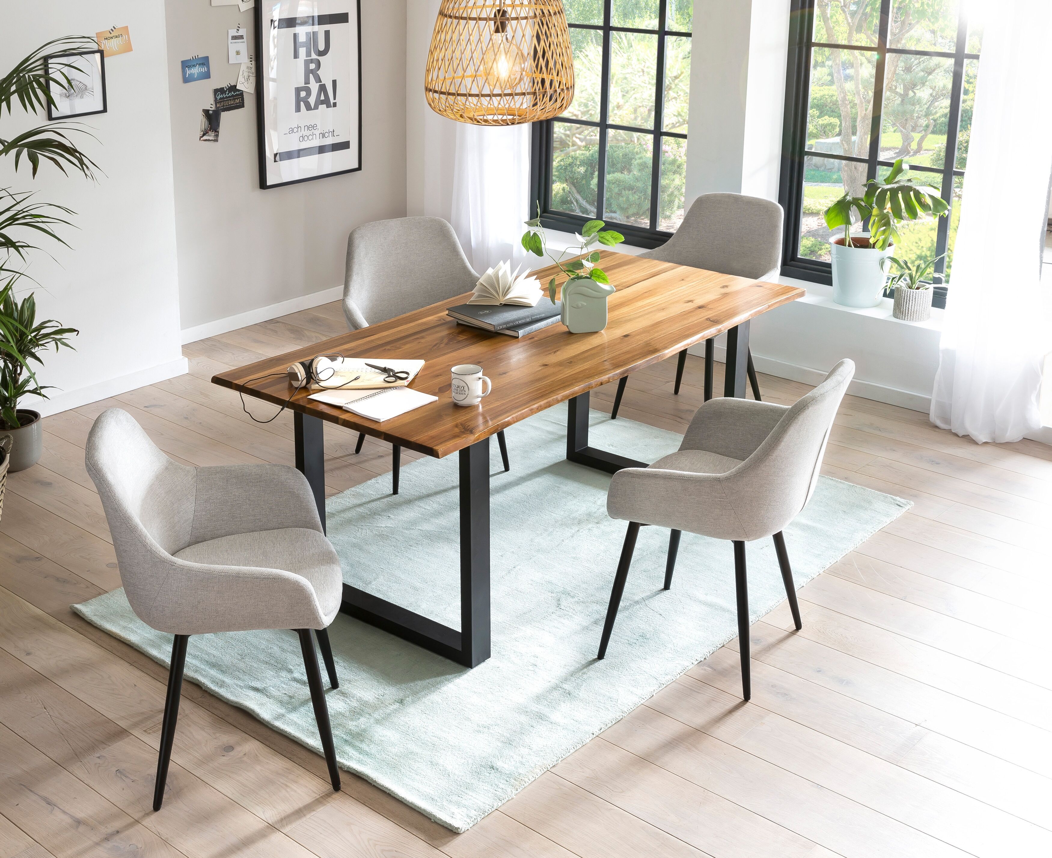 Essgruppe SALESFEVER "- stilvolles Design", grau (cognac, hellgrau, schwarz, hellgrau, schwarz), Strukturstoff, 180,90, Massivholz, Metall, Polyester, Sitzmöbel-Sets, Essgruppe, 5-teiliges Set mit authentischer Baumkanten-Tischplatte