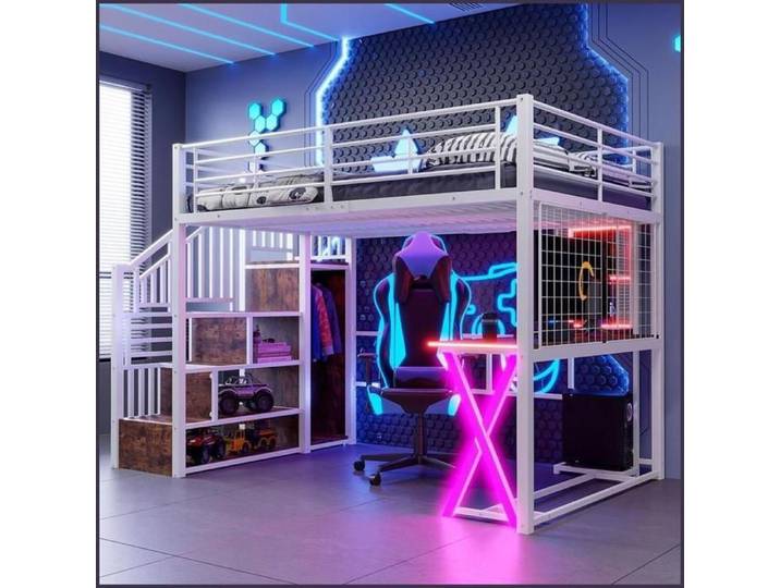 Hochbett 140x200 cm - LED Ablageleiter Schreibtisch Kleiderschrank Regale - Blanc (sans matelas)