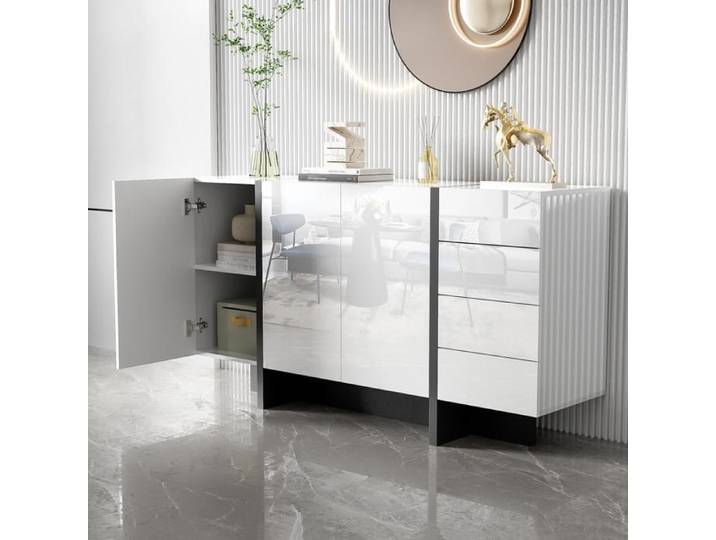 Buffet Blanc Brillant 150x 40x 80.5 cm avec 2 Portes et 4 Tiroirs Buffet Minimaliste Moderne Blanc