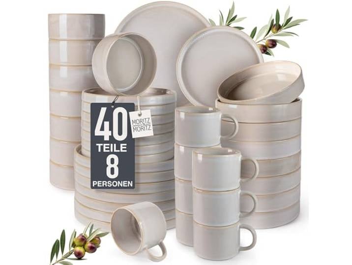 Moritz & Moritz Steingut Geschirrset 8 Personen Beige - Teller Set aus Steingut 40-teilig - Geschirr Set aus je Dinnerteller, Dessertteller, Suppenteller, Schüsseln und Tassen - Serie Castello