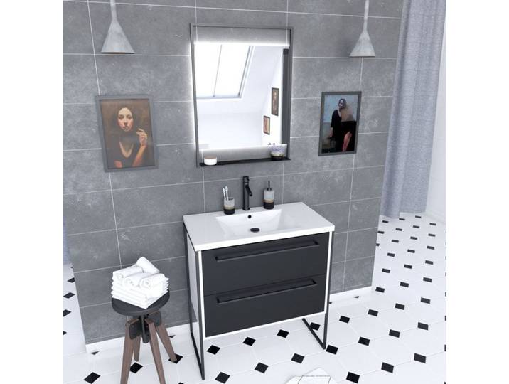 Pack meuble de salle de bain 80x50 cm Blanc - 2 tiroirs - vasque resine blanche - miroir LED