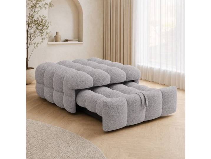 Lit combiné - ZEVKOR - Lit combiné 1 place - Bouclé gris - 183×76 cm - Pouf-lit extensible