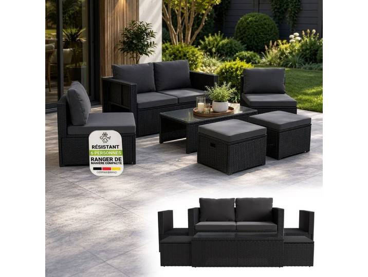 Juskys Salon de jardin en polyrotin Salou – noir / gris.