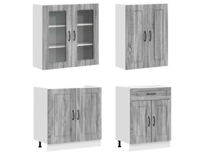 KTHLBRH Unita Küche KALMAR 4 Stück Sonoma Grau Holz Engineered Verstellbare Füße, Wandschrank und Basis, Glastür, Schublade, einfache Montage