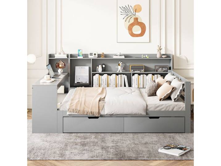 Lit double en bois massif gris 140x200cm avec tiroirs rangement bureau porte intégrée design moderne multifonction