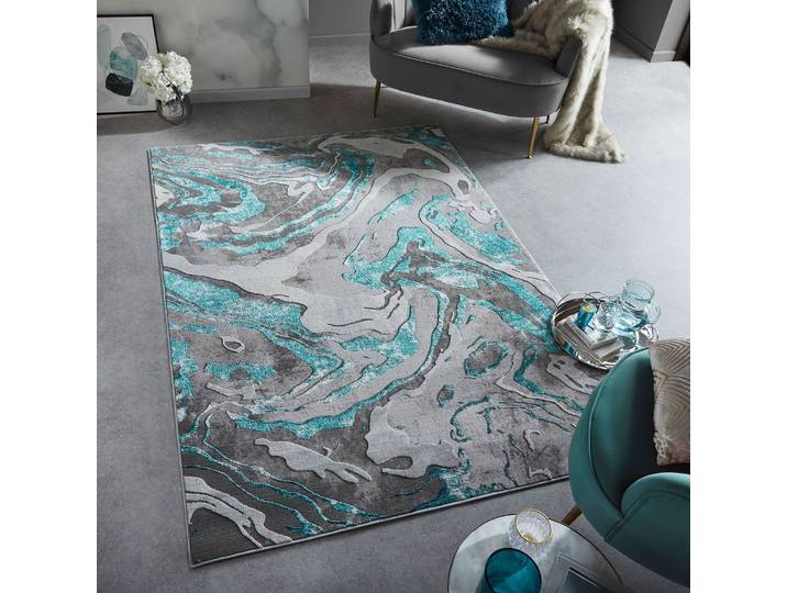 home24 Laagpolig vloerkleed Marbled turquoise/turquoise 160 x 230cm netstof