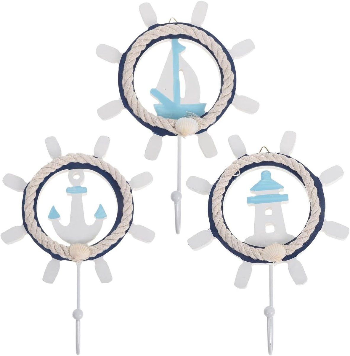 Set van 3 houten kledinghaken met maritieme decoratie van stuurwiel en zeilboot