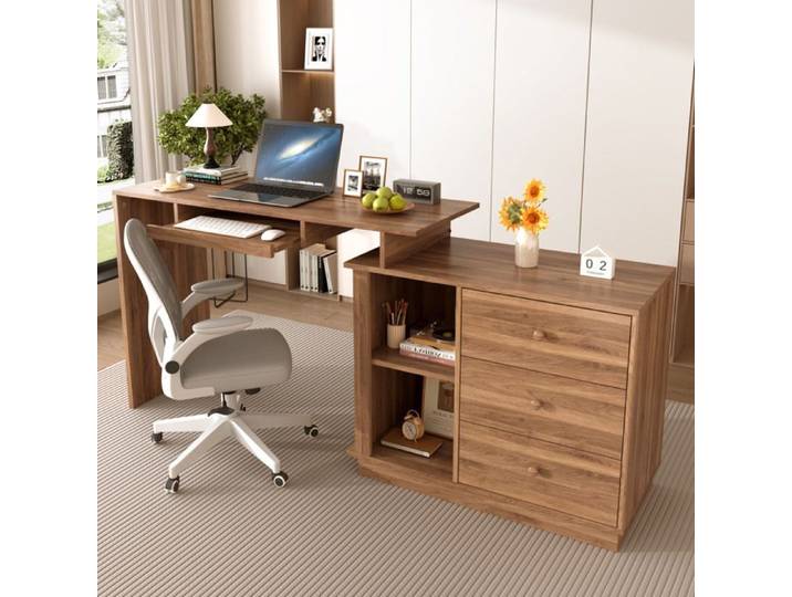 MEULVA Bureau informatique extensible avec caisson 3 tiroirs tiroir clavier MDF aspect bois