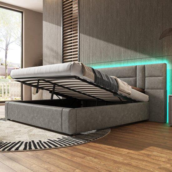 LED-gestoffertes Bett 180 x 200 cm, hydraulisches Bett, mit LED-Beleuchtung, mit Aufbewahrungsraum, für Erwachsene und Jugendliche, Holzboden, einfache Montage, PU, doppeltes Grau
