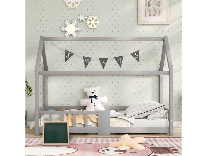 Lit maison enfant 90x200 cm gris tableau noir protection chute