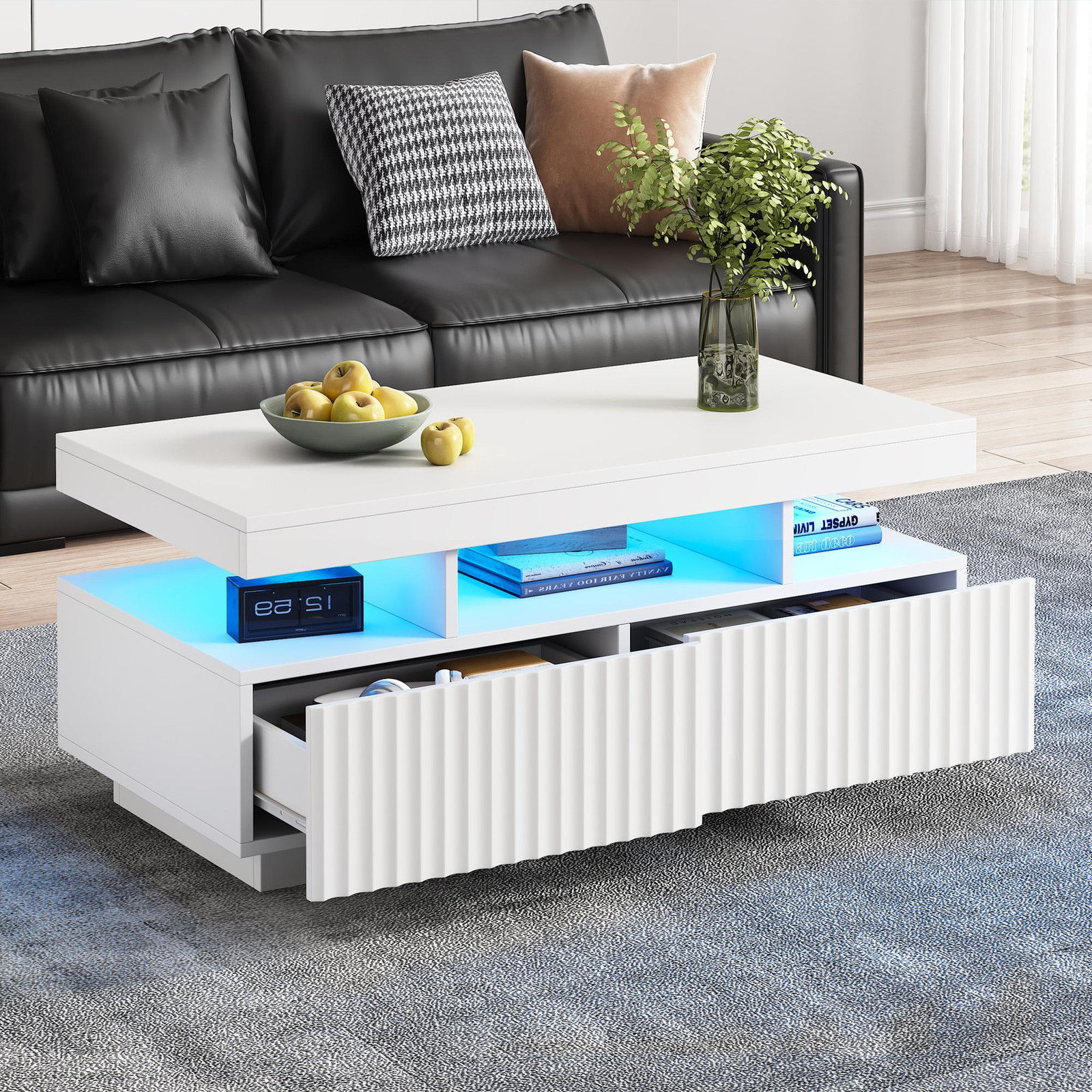 OKWISH Conferentietafel met LED-verlichting en twee lades, wit