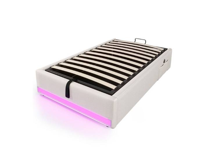 SOFTWEARY Futonbett mit LED-Beleuchtung und Aufbewahrung (mit Mehrfachsteckdose, 90x200 cm), Einzelbett ohne Kopfteil, Leinen