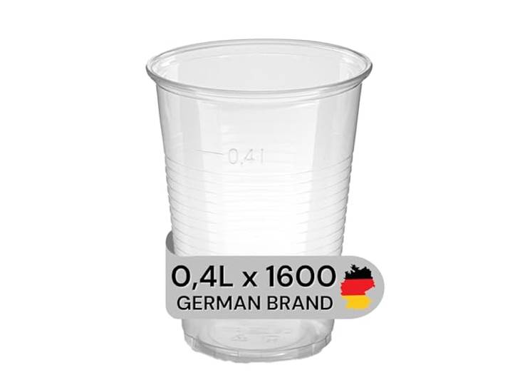 LogiPack GeRo 1600 Stück Trinkbecher Made in Germany Eichstrich 0,4l Bierbecher Plastikbecher Einwegbecher aus Kunststoff PP (Polypropylen), Transparent klar Ausschankbecher