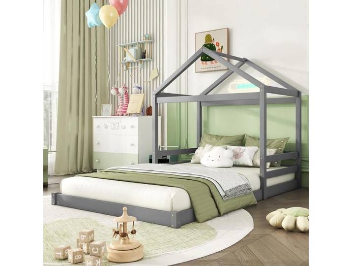 Lit Enfant 140x200 Lit Cabane Au Sol avec Barrières de lit Hauts à 3 Côtés Sommier à Lattes Solide Design raffiné de Cabane Pin Gris