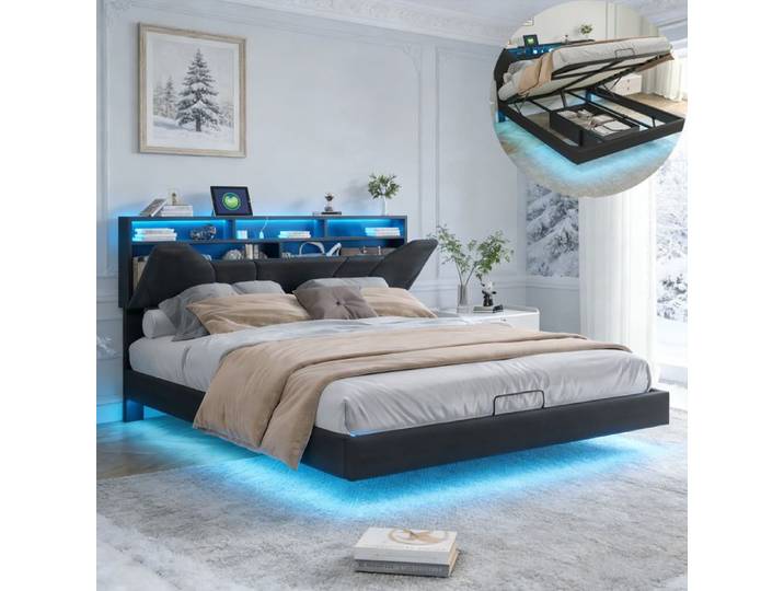 Lit 160x200 cm DRELYGWEA LED sommier à lattes cadre de litcoffre 160x200 coffre lit flottant 160x200 cm tissu en PU noir