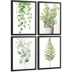 POSTER 4er Bilder-Set Wandbilder Boho Botanisch modern Wohnzimmer Deko, Schlafzimmer, Küche, Badezimmer Schwarzer Rahmen A3