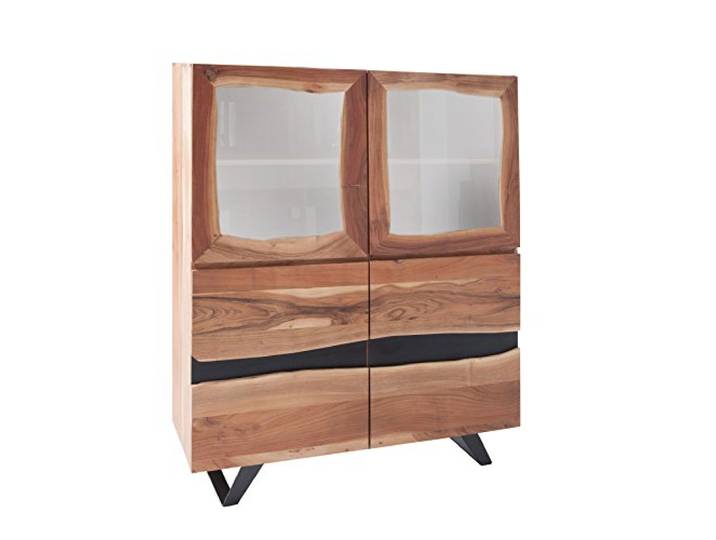 invicta INTERIOR Massives Highboard Amazonas Akazie Baumkante Metall schwarz 140 cm Massivholzschrank Vitrine Schrank Anrichte