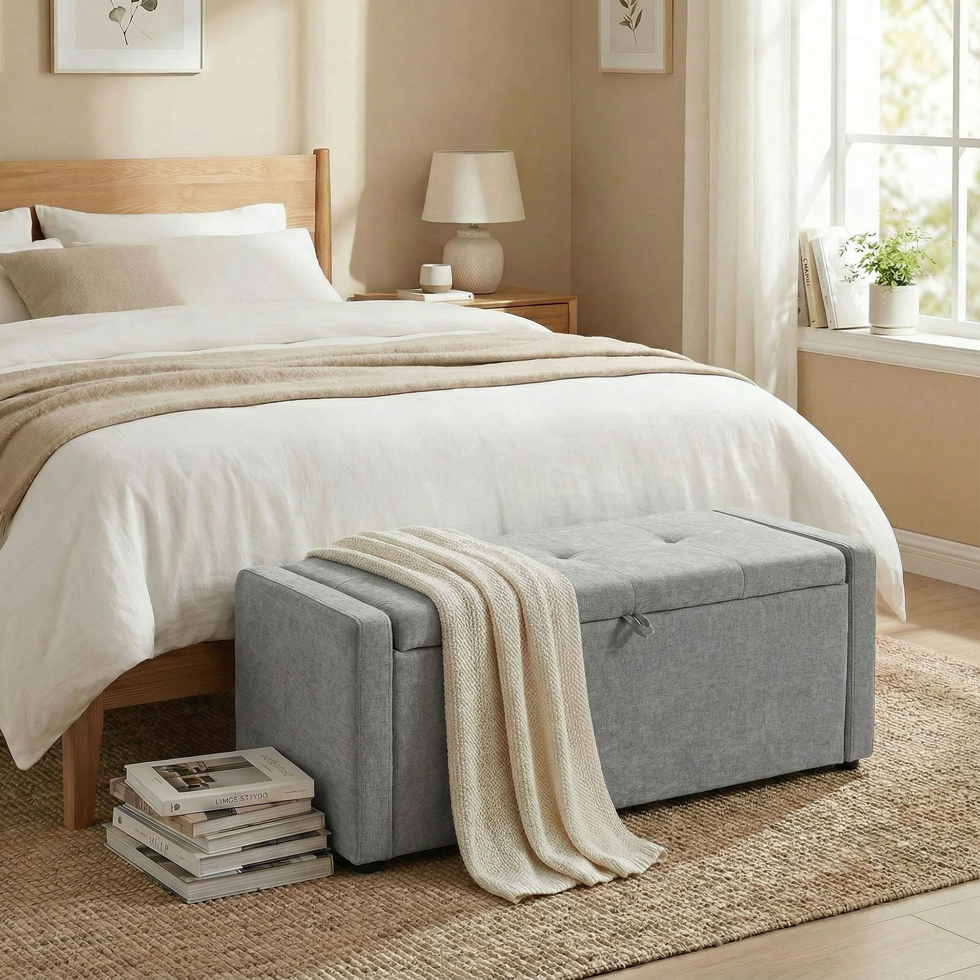 Homcom Cassapanca 142L Pouf Contenitore, Seduta Ampia Imbottita, in Lino, Capacità 200 kg, Grigio Chiaro   Aosom Italy