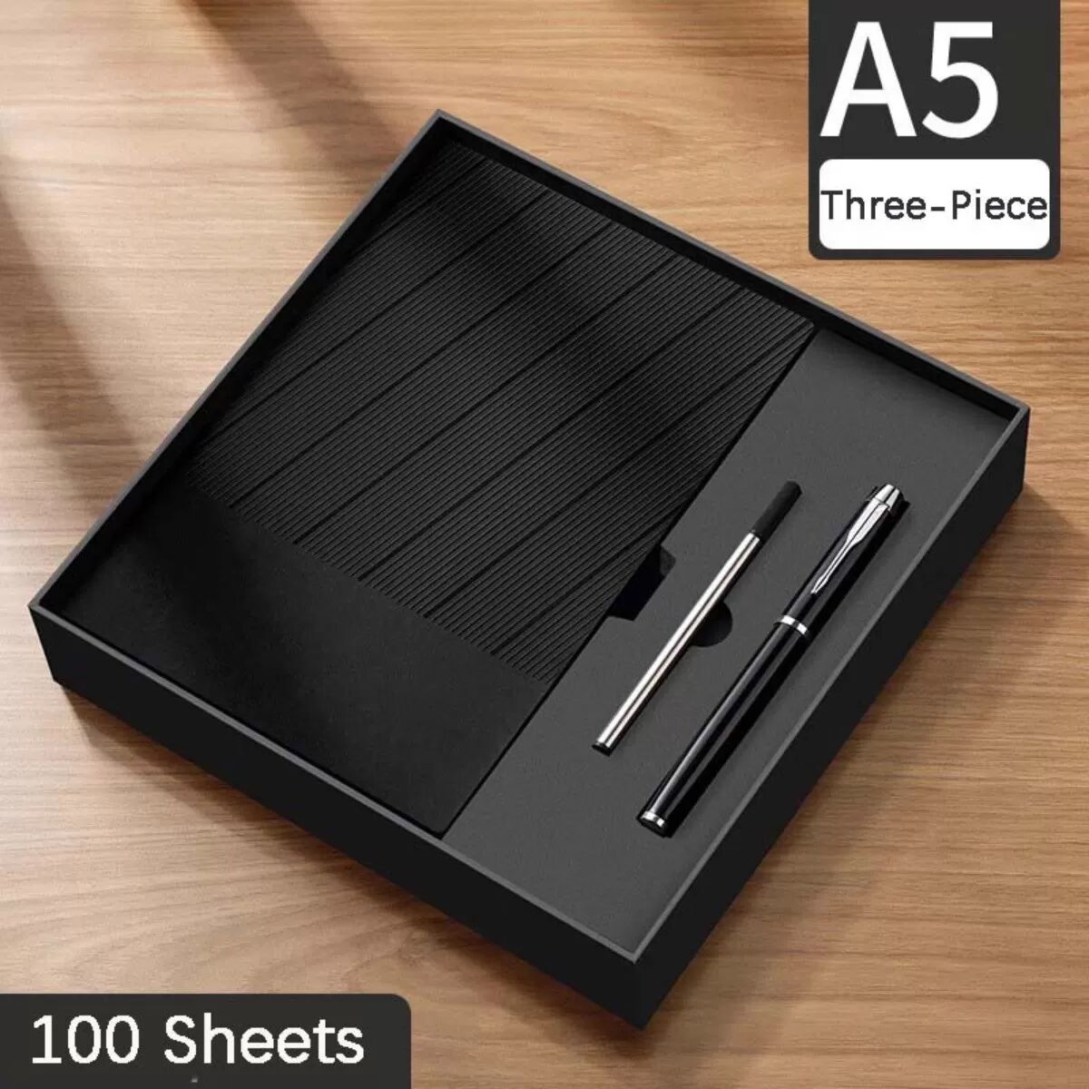 INF Carnet A5 en similicuir - 360 pages, papier épais, avec stylo et recharge Le noir