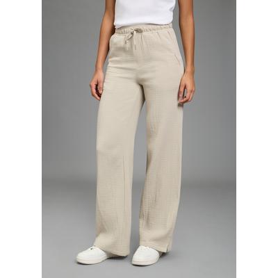 Palazzohose KANGAROOS, Damen, Gr. 46, N-Gr, steingrau, Web, Obermaterial: 100% Baumwolle, bequem lang, Hosen Palazzohose, weite Musselinhose, Bindeband am Bund, mit Schlitzen am Beinabschluss