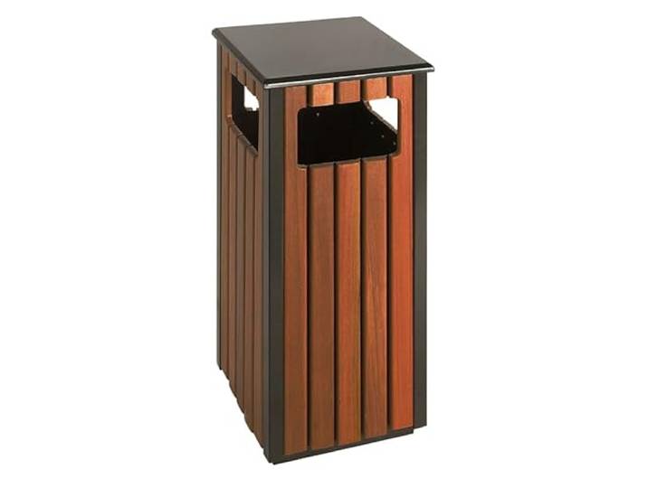 PROREGAL Eckiger Abfallbehälter aus Metall in Holzoptik für den Außenberreich 36 Liter, HxBxT 81x35x35cm Holzoptik, Abdeckung Schwarz