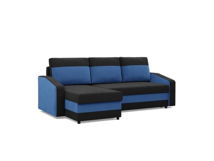 Mebligo - Ecksofa mit Schlaffunktion, Universelle Seite, Schwarz + Dunkelblau (Mikro 15 + Mikro 36)