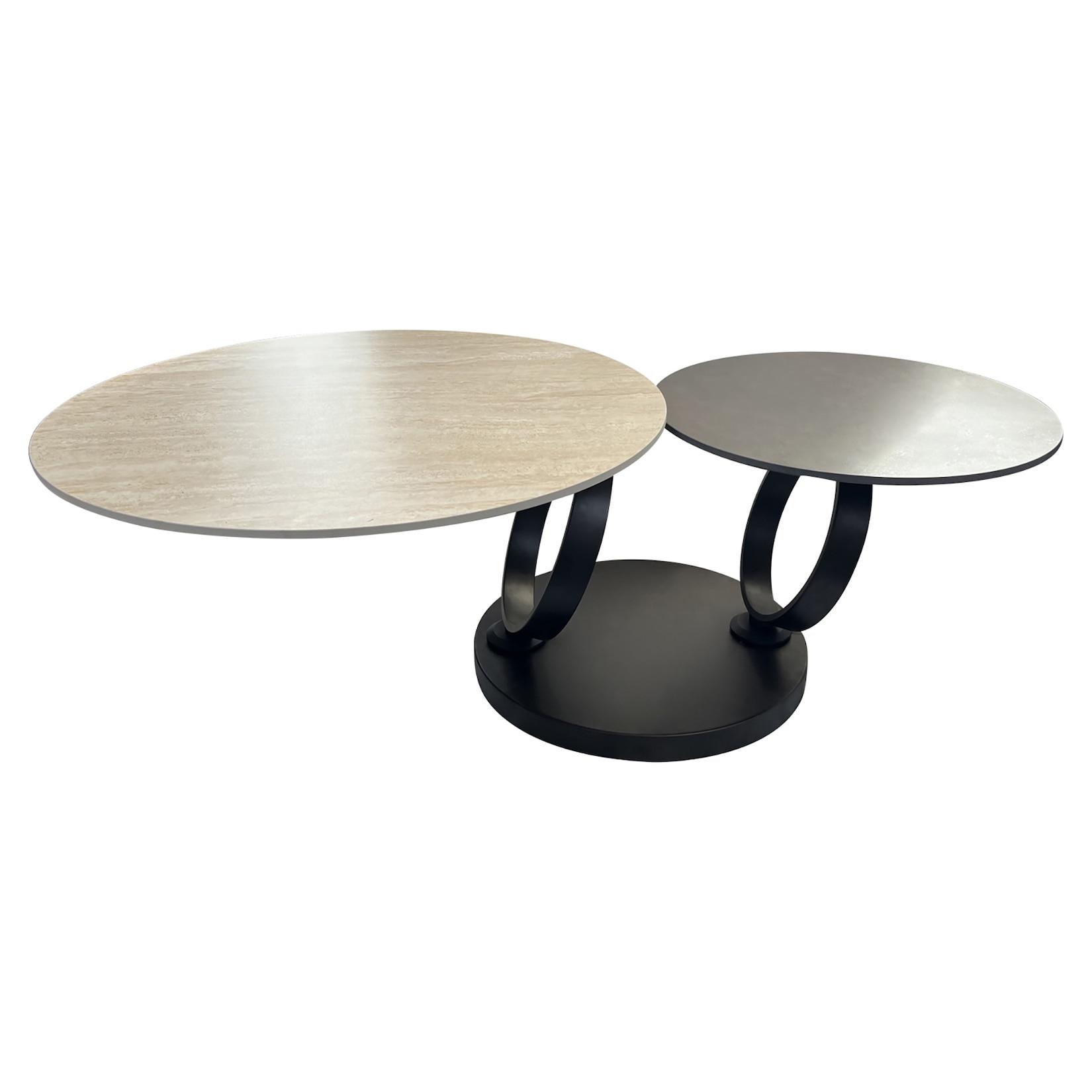 riess-ambiente Design Couchtisch DANCING RINGS rost rund drehbar Travertin Keramik schwarzes Gestell