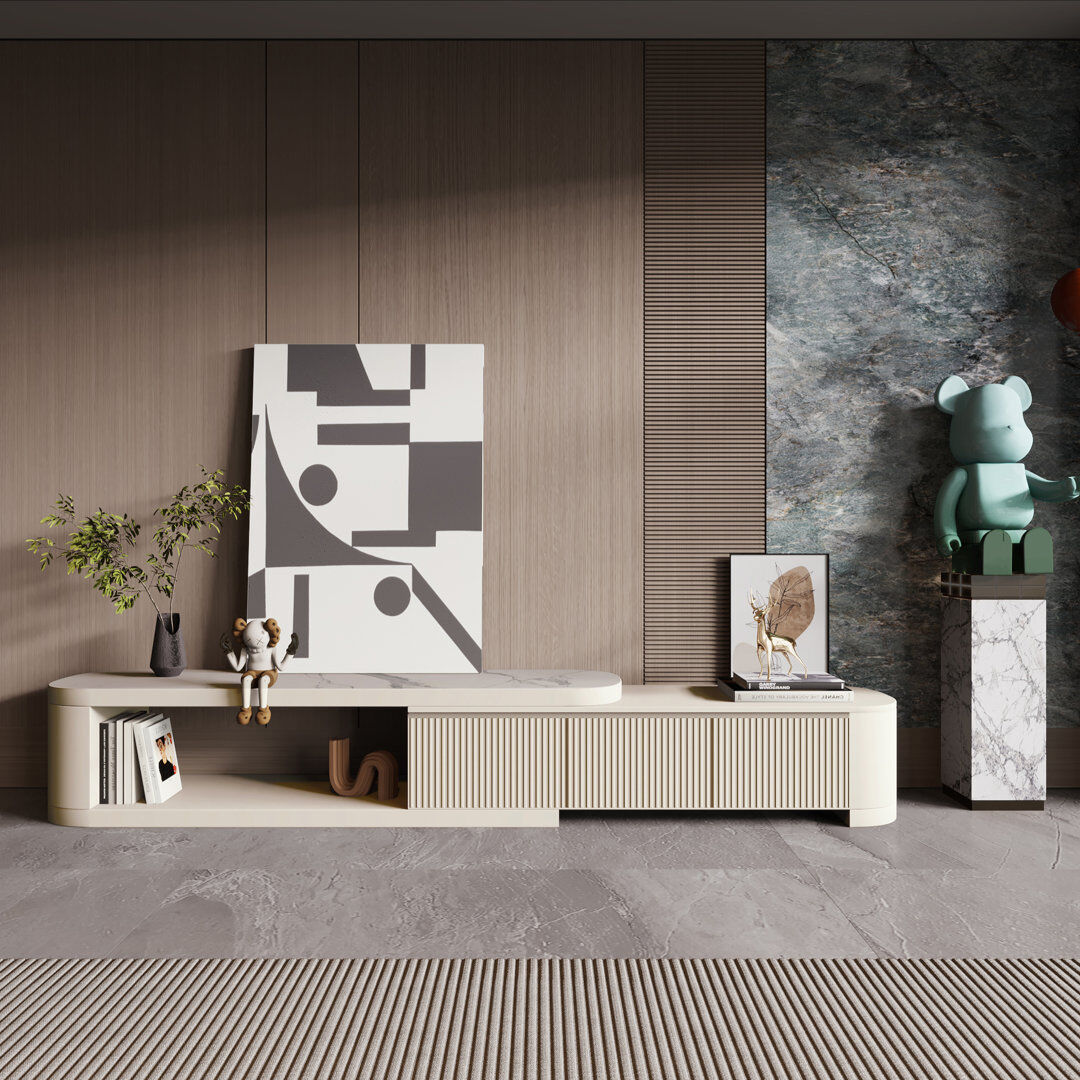 Ebern Designs Extendable Modern Wood TV Stand With Faux Marble Countertop, Media Console With 3 Drawers, Fully Assembled Cream 85"