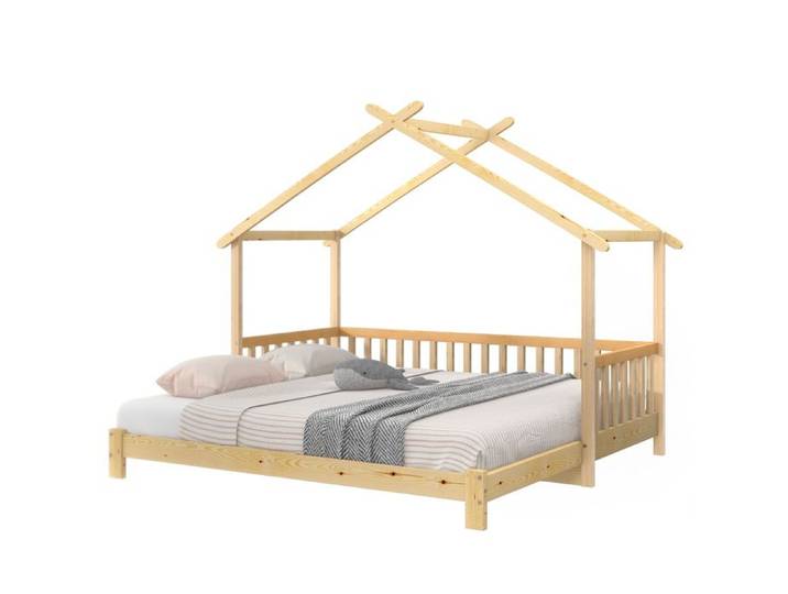 Lit enfant cabane extensible en bois massif naturel lit simple et double 200x90cm & 200x180cm