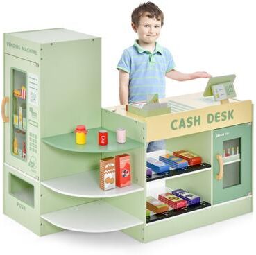 Costway Kids Wooden Supermarket Play Toy Set with Checkout Counter-Green