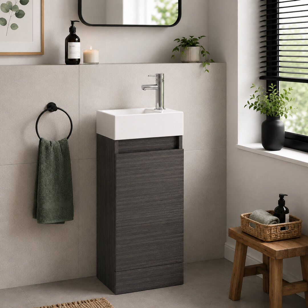 White Stone Kratos 390mm Single Bathroom Vanity with Integrated Polymarble Basin Leached Oak 390mm W