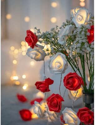 Discount Dollar Deals Rose Light String For Home, Hanging Pendant Decoration, Wedding And Valentine's Day Party Supplies Favor white And Red