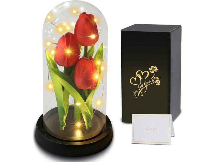 Künstliche Tulpe in Glaskuppel mit LED-Licht, Rot, 25 cm, Dekoration, Blumen & Blumentöpfe, Kunstblumen