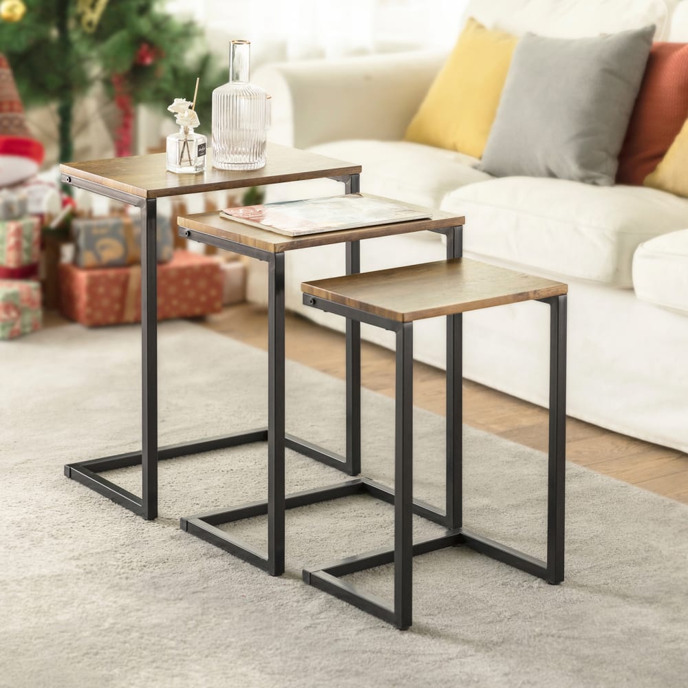 SoBuy Ensemble de trois tables basses à cadre en métal noir Beige 46x61x30cm