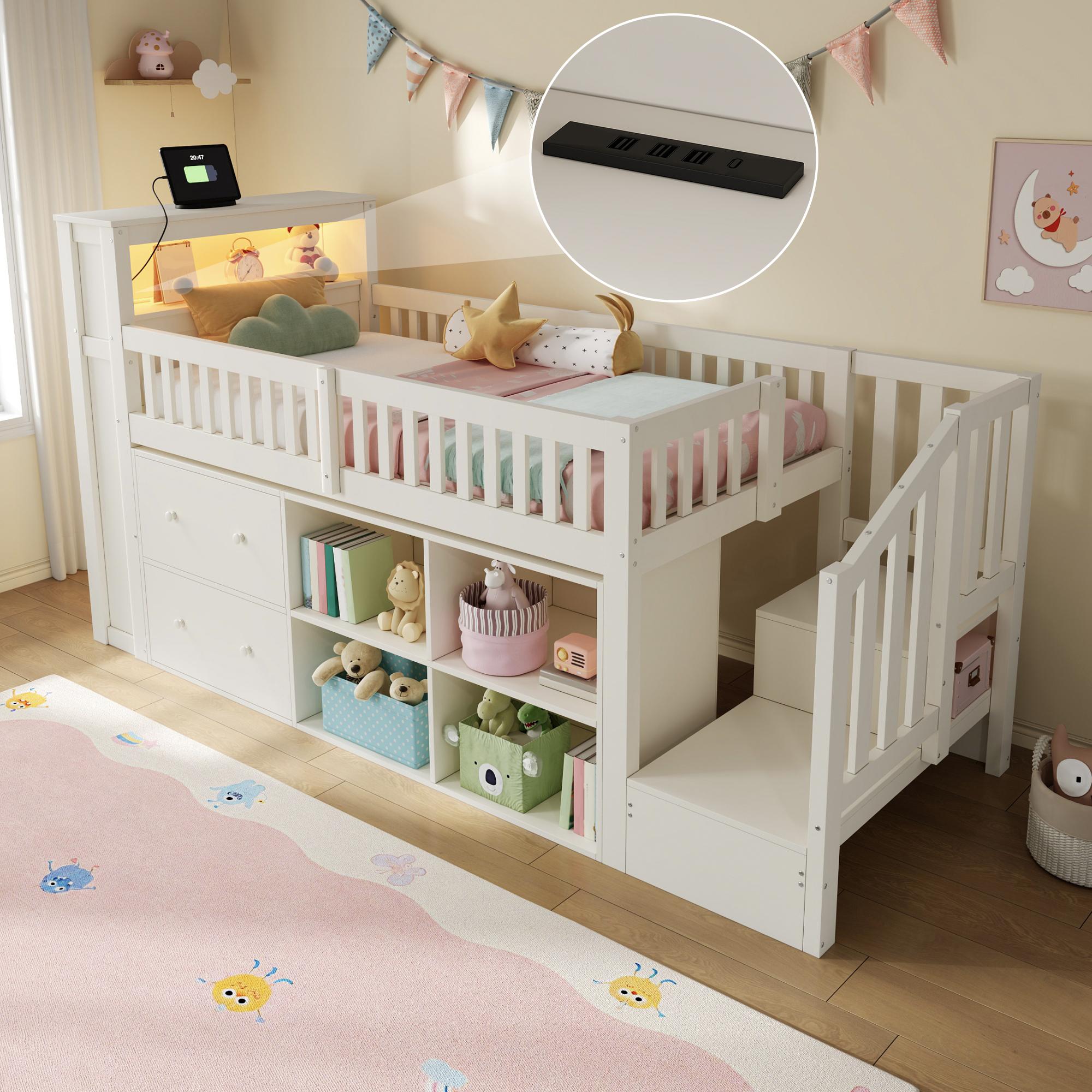 Merax Etagenbett Hochbett 90x200 cm mit Schubladen, Staufächern, Leiterschrank, LED Beleuchtung, USB Anschluss, Kinderbett, Stockbett, Weiß
