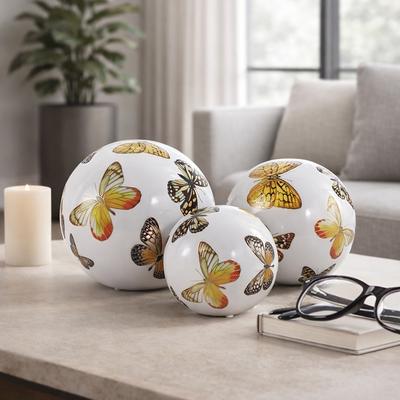 Sagebrook Home "Ceramic Decorative Orbs Butterfly Print Design Home Decor (Set of 3) - 6"" x 6"" x 6"""