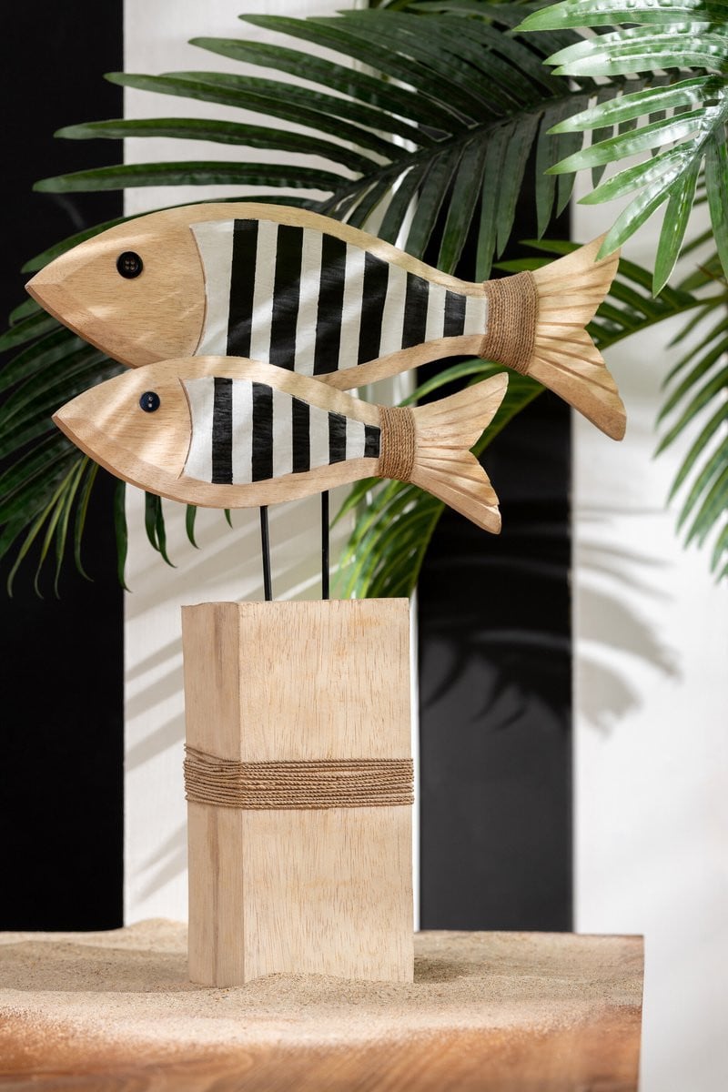 J-Line Decoratie Vis Gestreept - Hout - Zwart/Naturel