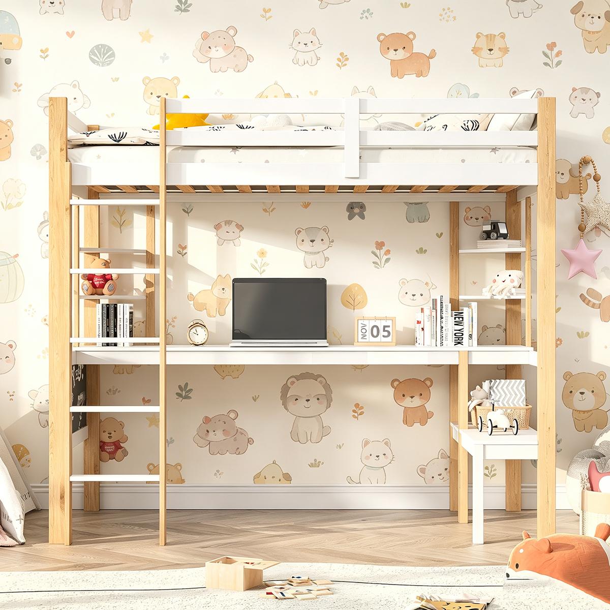 INONEFT Etagenbett 90x200, Kinderbett Hochbett mit Treppe und Schreibtisch, Kinderzimmer kinderhochbett mit Rausfallschutz & Stauraum, Einzelbett,Weiß