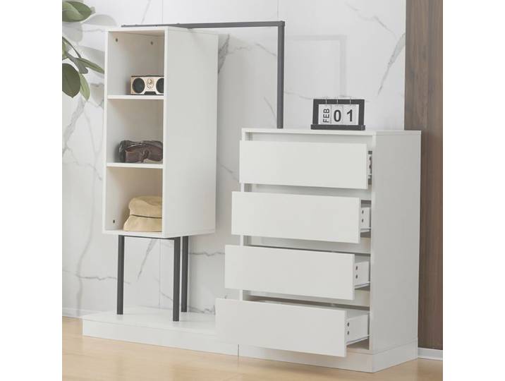 Armoire 140x40x135 cm avec 4 tiroirs penderie étagères ouvertes rangement vêtements métal et bois blanc
