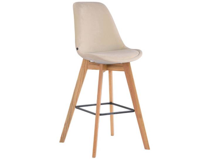 TPFLiving Barhocker Holz (Barstuhl - Thekenhocker - Tresenhocker - Hocker für Küche), 4-Fuß Gestell Eichenholz Natur - Sitzfläche: Samt Creme