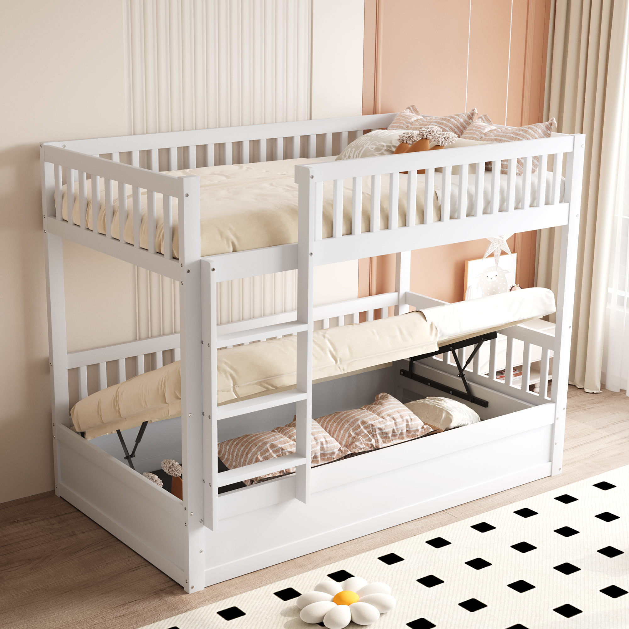 MODFU Kinderbett 90x200, Etagenbett mit Hydraulisches Lagersystem, Doppelbett mit Leitern und Schutzzäune,ohne Matratze,Weiß