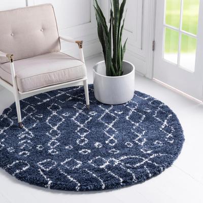 Hochflor-Teppich "Temara Shag, LAGERRÄUMUNG", blau (marineblau, elfenbeinfarben), H:51mm Ø:152cm, Polypropylen (PP), MYFLAIR MÖBEL & ACCESSOIRES, Teppiche, gewebt, Scandi Design, ideal im Wohnzimmer & Schlafzimmer