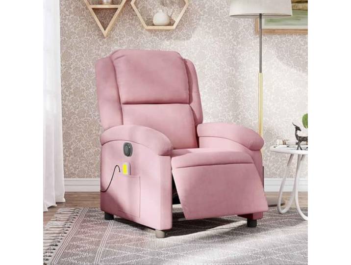Massagesessel Elektrisch Rosa Samt USB-Massagefunktion,Handsteuerung,6 Massagepunkte,Seitentasche,Holz-Metall-Rahmen,110 kg