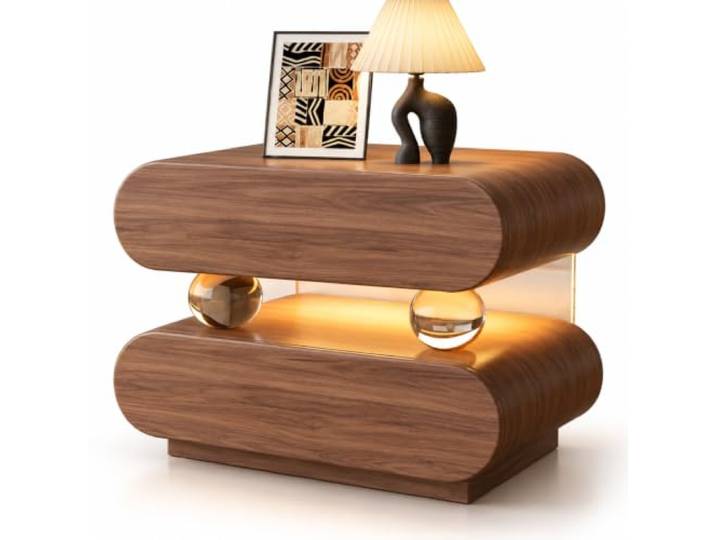 YIYIRAN Schlichter Luxus-nachttisch, Schwebender, Geschwungener Holz-nachttisch Mit Warmweißem Led-licht, Abgerundeten Kanten, Griffloser Front Und Lederoptik Für Schlaf- Und Wohnzimmer Walnut