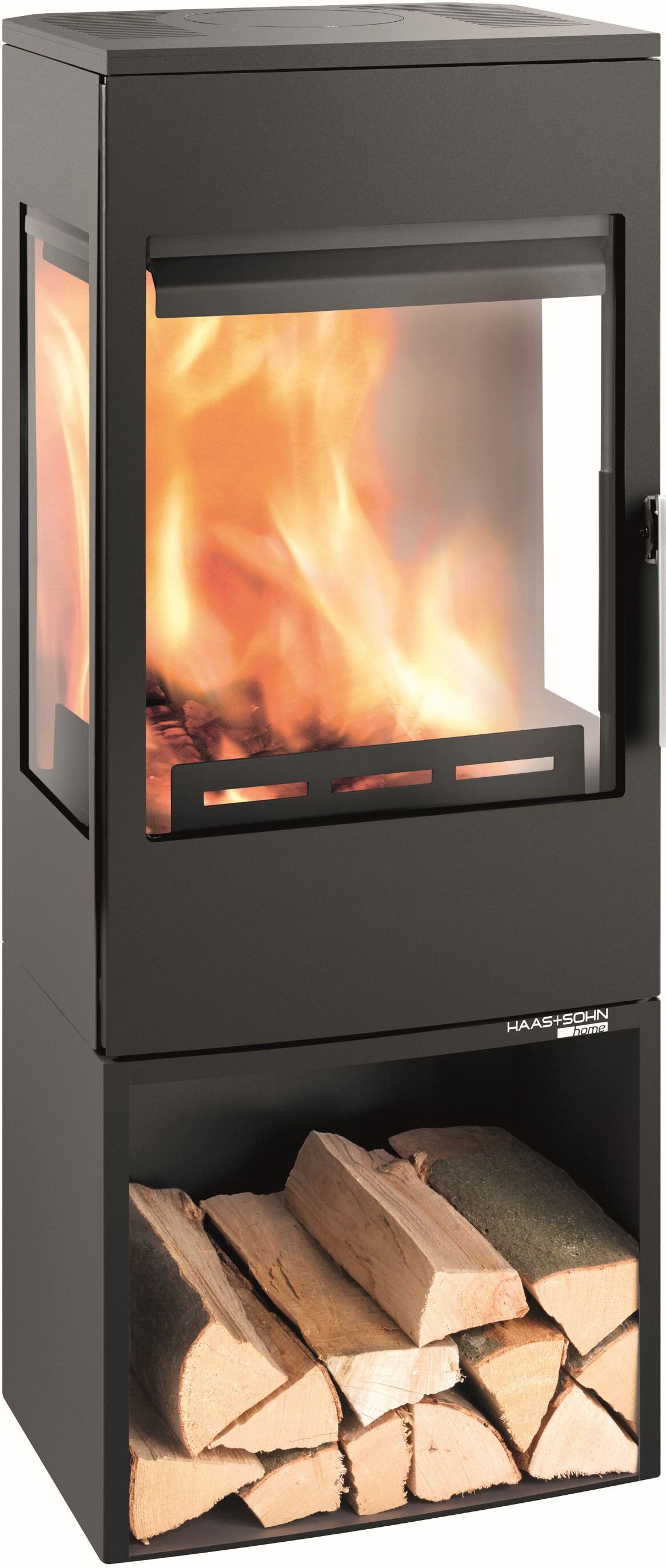 HAAS + SOHN Kaminofen "Wien.L IV Easy", Energieeffizienz: A (A++-G), tief, schwarz, Kaminöfen, 3 Sichtscheiben, offenes Holzfach