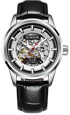 Everyday Crate Ochstin 2002C Automatic Mechanical Watch Mens Skeleton Watch Business Leather Waterproof Wristwatch silvery